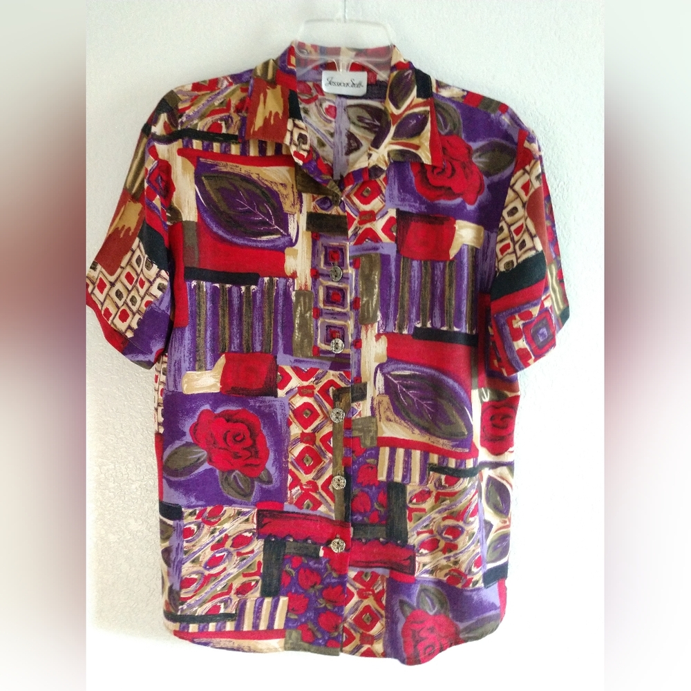 Fun Vintage Jessica Scott Womens Camp Shirt Colorful Print Size Medium Chest 38"